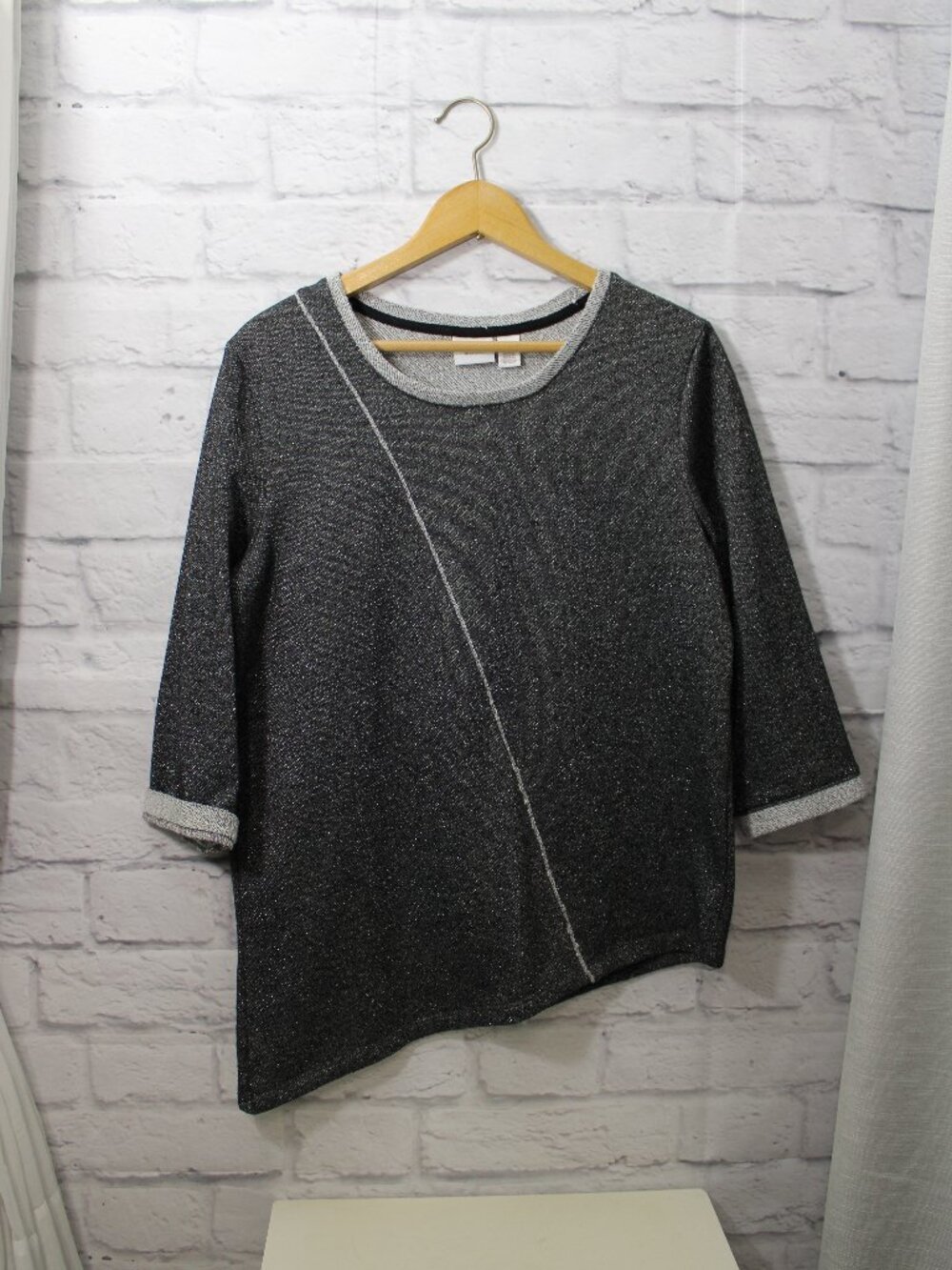 Weekends by Chico's 1 Black Shimmer Asymmetrical Quarter Sleeve Terry Knit Shirt